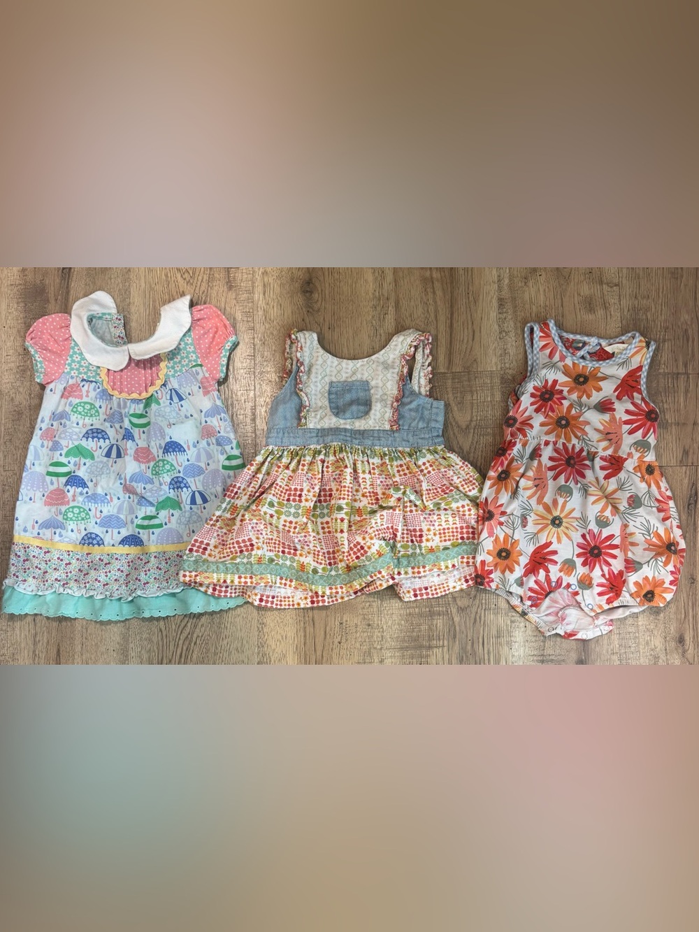 Matilda Jane Girls Floral & Patchwork Casual Dress Trio in Coral, Blue, Green